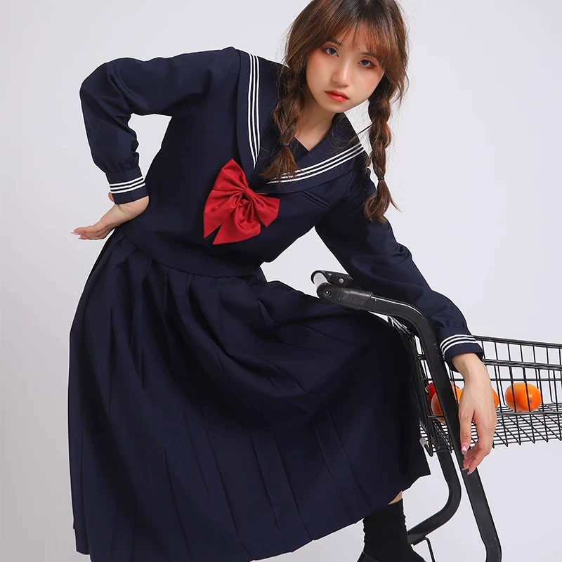 Аутентичный черный матросский костюм, длинное платье в японском стиле, студенческий наряд в стиле "плохая девчонка", униформа для колледжа.