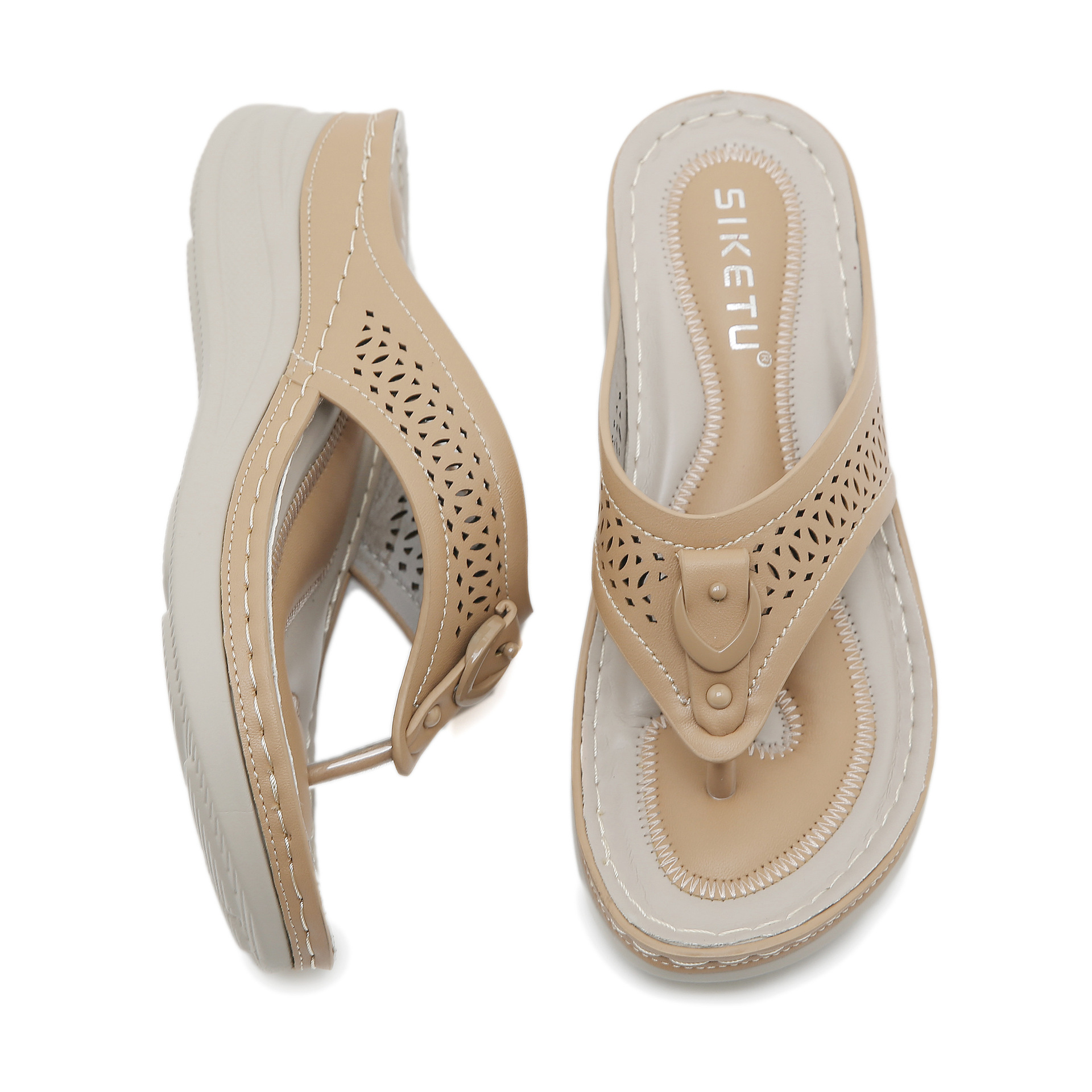 JS777-8 nuevo estilo 2025 transfronterizo punta redonda moda chanclas huecas sandalias femeninas cuñas casuales sandalias de gran tamaño