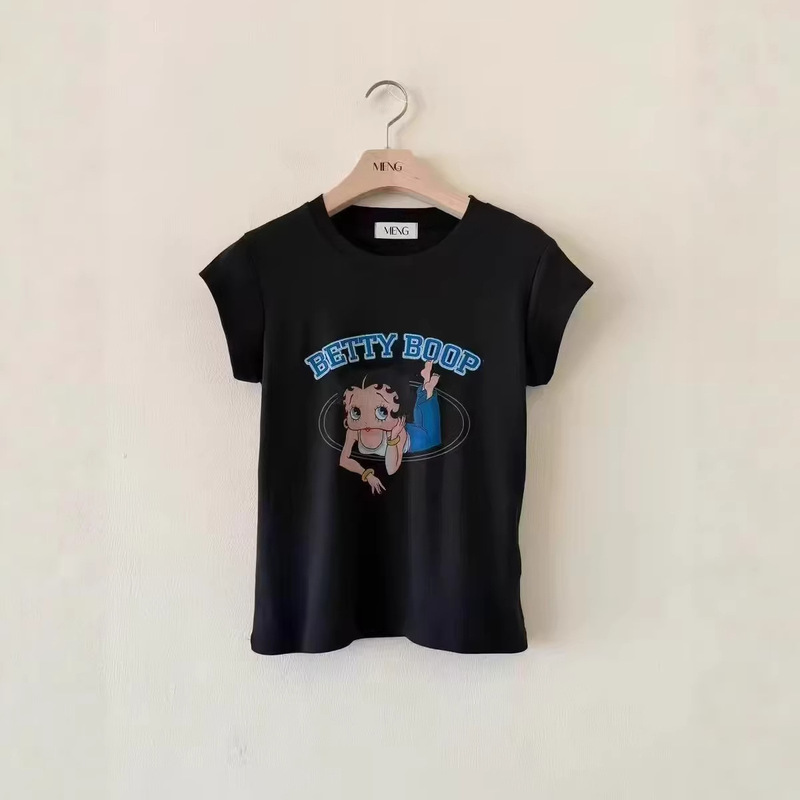 26 Spring and Summer New Korean Meng Retro Betty Girl Print Pattern Age-Reducing Slimming Women's Short-Sleeved T-Shirt