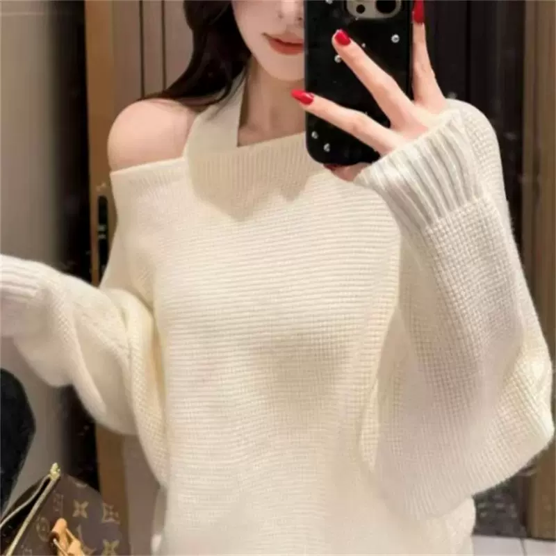 软糯系露肩套头毛衣女秋冬季外穿宽松显瘦舒适百搭长袖针织衫上衣