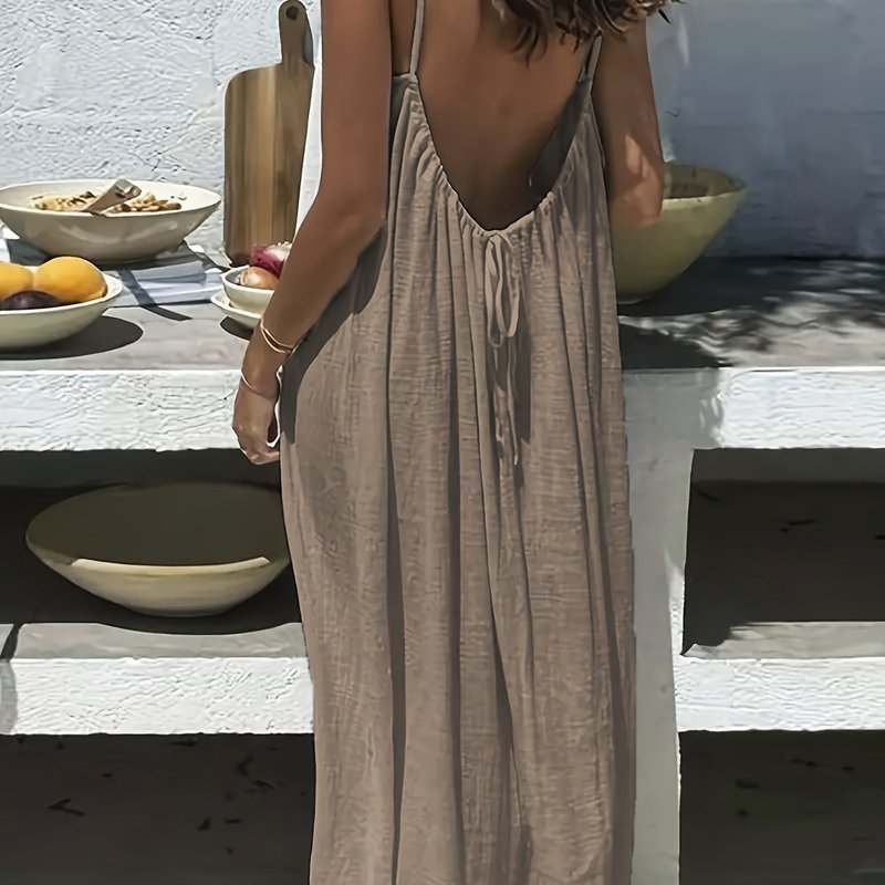 Women'S Solid Color Open Back Tie Loose Casual Long长裙|undefined