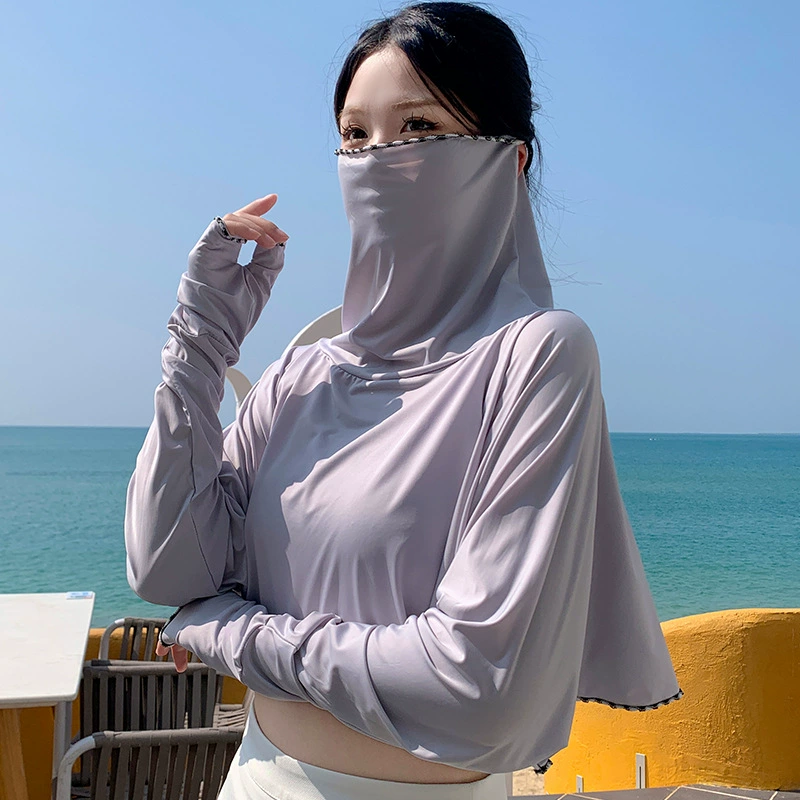 Женская солнцезащитная одежда из ледяного шелка с капюшоном, солнцезащитная рубашка с длинными рукавами, одежда для путешествий на открытом воздухе, шаль с защитой от ультрафиолета, оптовая продажа солнцезащитных шалей