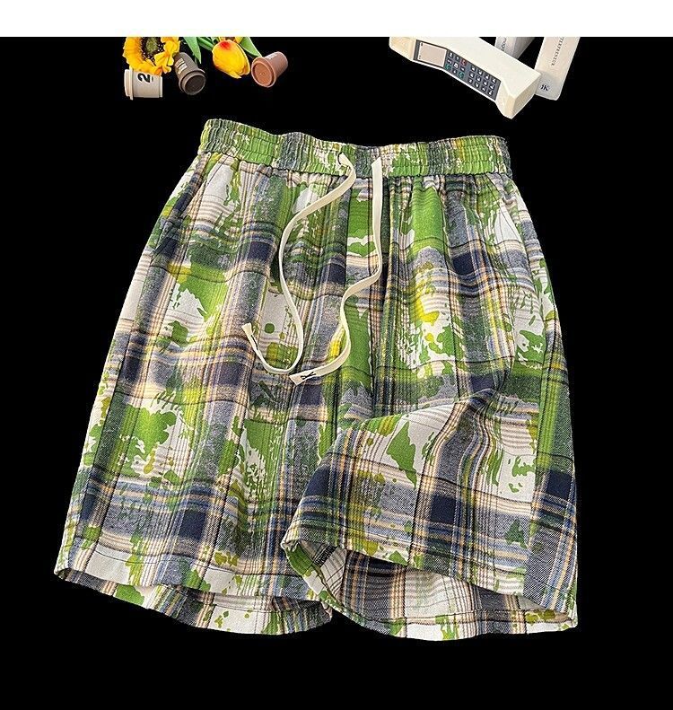 Men's And Women's Tie Dye Plaid High Waist Street Style Shorts Casual Retro Straight Five Point Beach Outerwear_viptrois.com