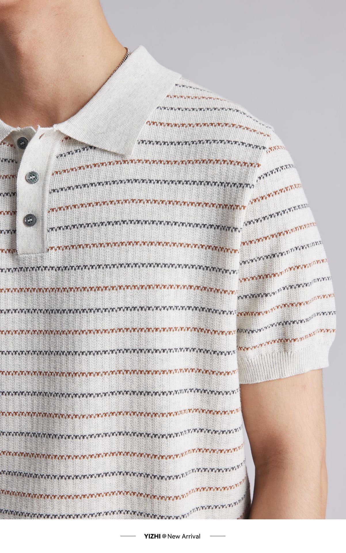 Áo polo nam dệt kim cotton sọc ngắn tay, phong cách old money, form ôm thoáng khí — Hạnh nhân sọc chi tiết 14