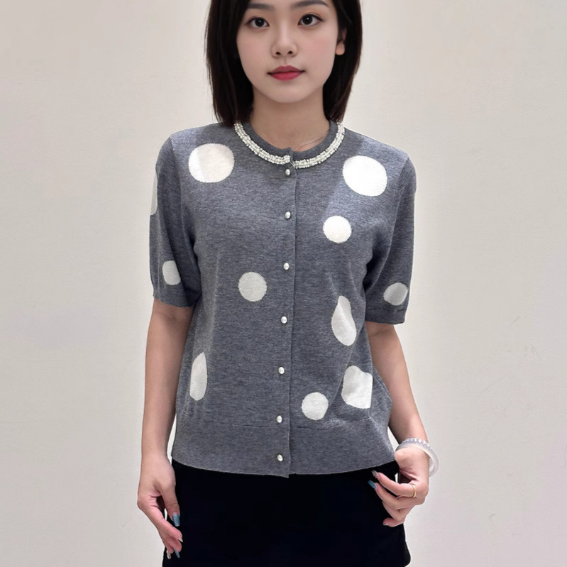 25 Spring and Summer Wool Blend Handmade Beaded French Polka Dot Round Neck Short Sleeve Thin Knit Cardigan Top Fine Wool