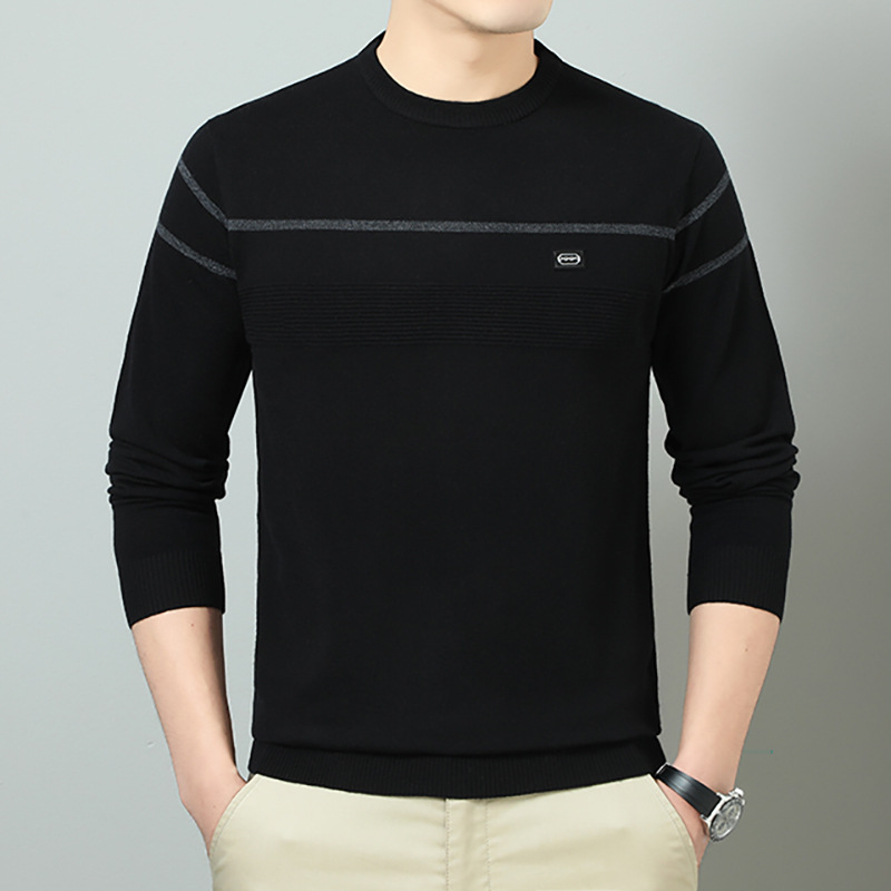 Yingao Middle-Aged Men's Sweater Base Shirt Striped Men's Knit Autumn Casual New Thin Sweater Round Neck