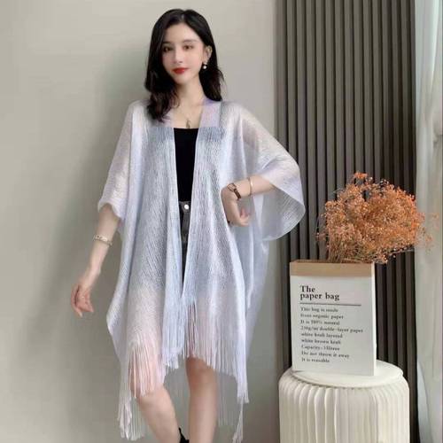 European and American style cross-border gold silk slit shawl women's thin evening dress with decorative tassels hollow sunscreen silk scarf