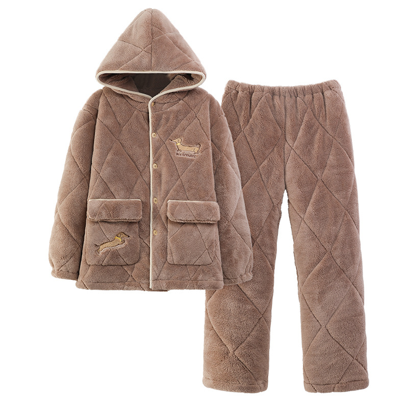 Pijama de hombre para hombre 2024 invierno encapuchado tres capas de algodón intercalado de mangas largas con camisa gruesa se puede usar en el exterior conjunto de ropa de casa