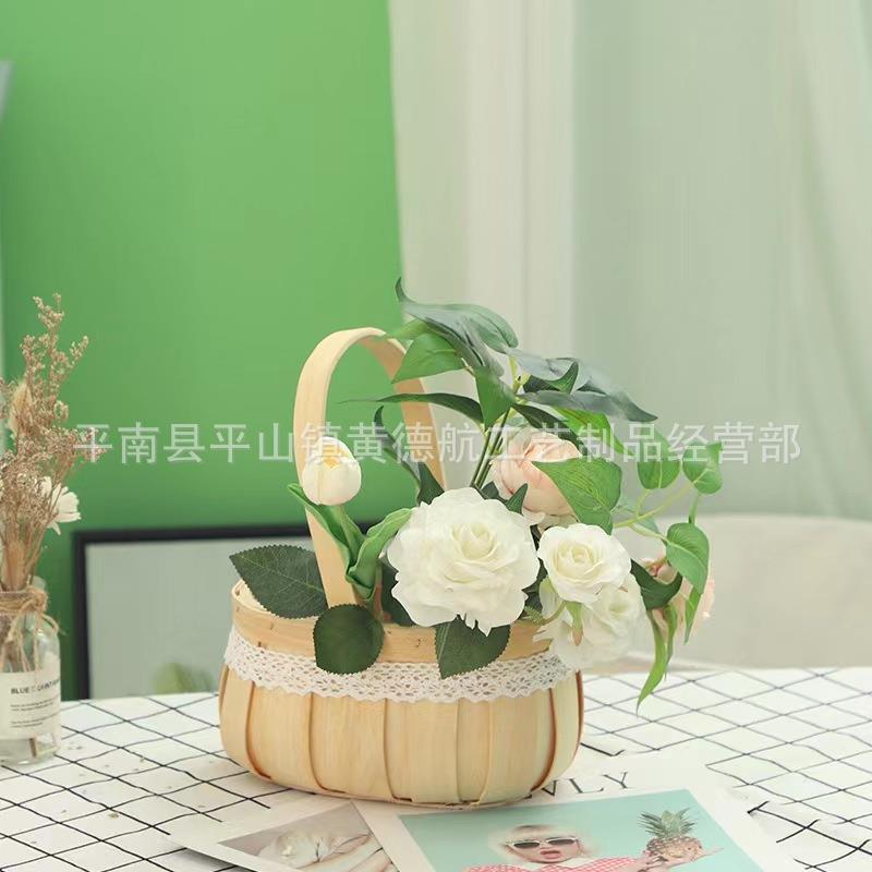 手工制作木片花篮手提蕾丝插花盒鲜花花装饰花器具筐节日礼品