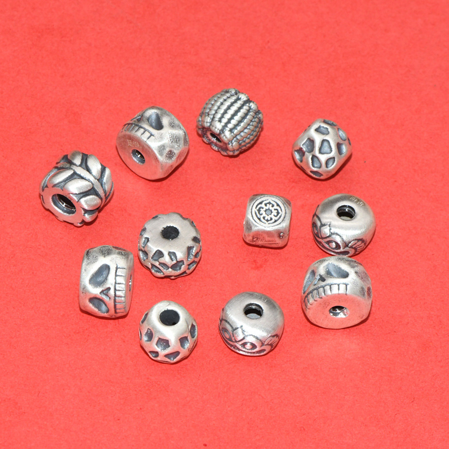 S99 Pure Silver Concave-Convex Spacer Beads with Six-Word Mantra, Loose Beads for DIY Handmade Beading, Stringing, and Barrel Bead Accessories