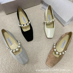 チャンネルグッズ！購入代理店にご入荷ください！ヨーロッパとアメリカのJC本革レディースシューズスクエアトゥ浅口パールフラットメリージェーンシューズ