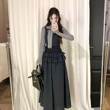 韩系秋装新款纯欲长袖内搭甜美可爱学院格纹无袖连衣裙上衣套装