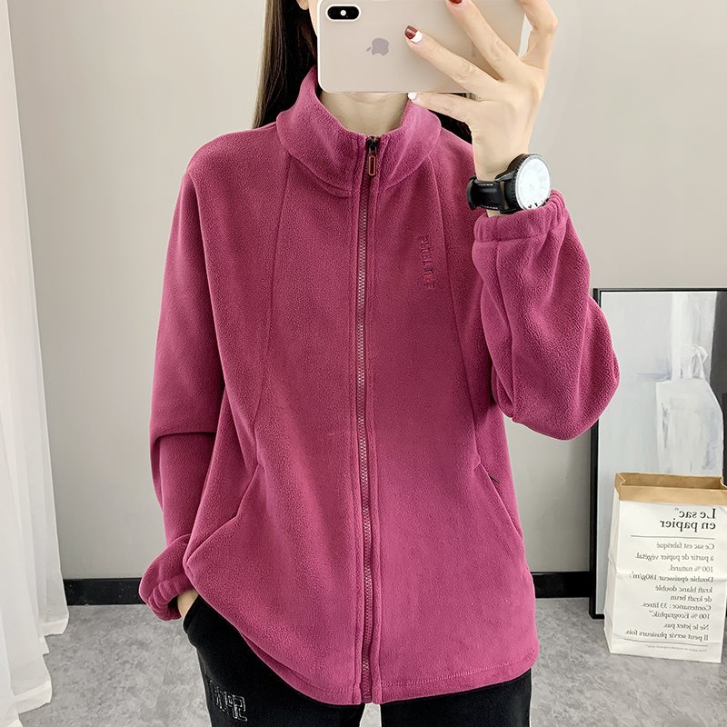 야외 캐주얼 양털 옷 가을과 겨울 여성의 따뜻한 자물쇠 기모 두꺼운 지퍼 메이플 리프 칼라 카디건 스웨터 재킷