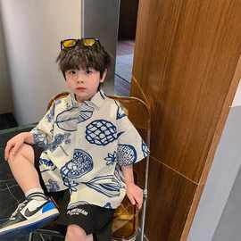 男童夏季短袖衬衫2025年新款洋气薄款翻领宝宝上衣韩版中大童衬衣
