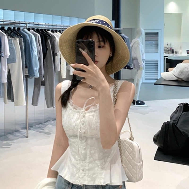 清纯小白花 蕾丝收腰无袖上衣显瘦花边纯欲风甜妹背心女|undefined