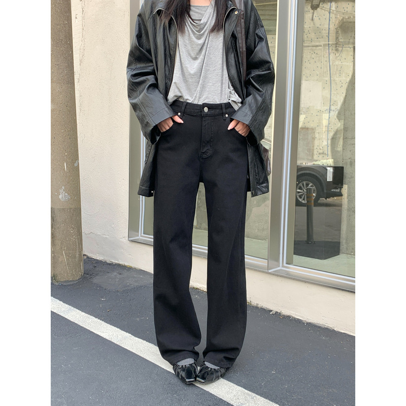 Gagd Skin-Friendly Four-Way Stretch Slim Straight-Leg Jeans for Women Autumn Back Pocket Design Loose Black Jeans