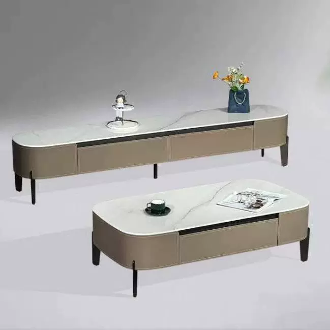 3159-7118新式别墅微晶石电视柜双抽屉茶几组合隐藏维缓导轨马鞍