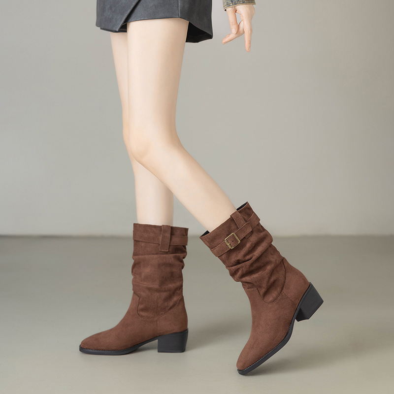Comercio exterior transfronterizo nuevos zapatos de mujer botas de vaquero botas de talón grueso cinturón de hebilla plegable botas de pila de barril corto ocio versátil mujer image 4