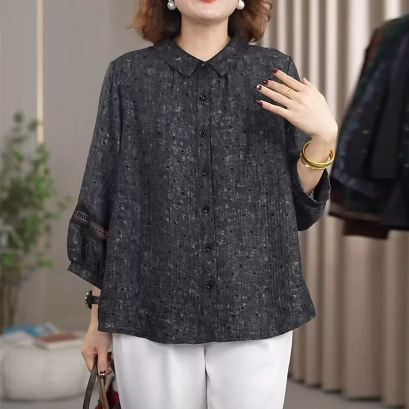 Мама повседневная дикая новая рубашка 2025 новая весенняя рубашка женский большой размер свободный хлопок льна рубашка среднего и пожилого возраста дышащий топ