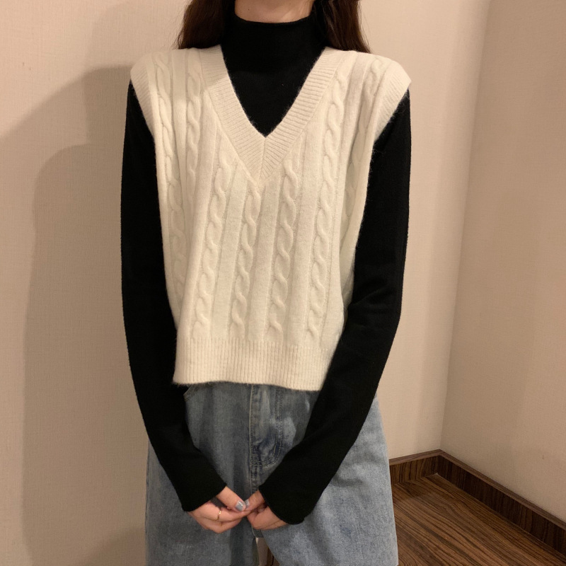 Retro estilo de Hong Kong cuello V torsión chaleco de punto de mujer 2024 otoño nuevo suéter de vestir suelto