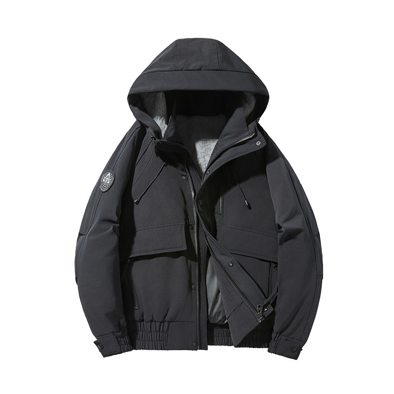 2025 invierno nuevo engrosado chaqueta encapuchada abrigo de marca de moda gran azul oscuro stock de algodón colgante