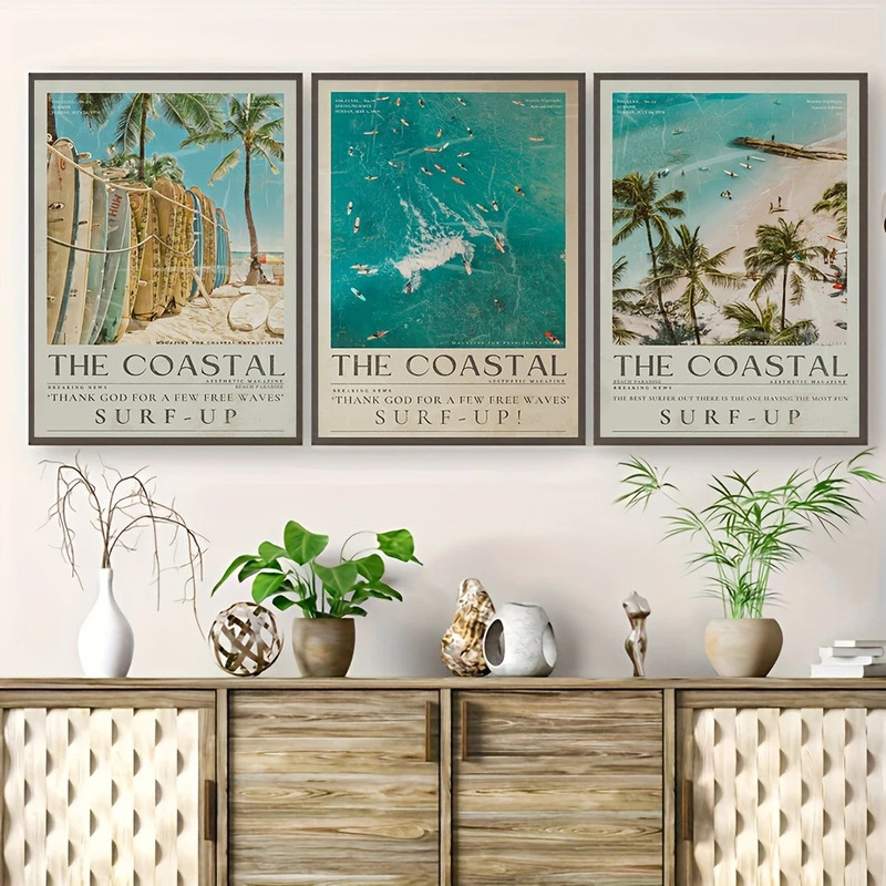 Three-Piece Seaside Summer Beach Canvas Wall Art Print Set Surfing Theme Poster Set Tropical Beach