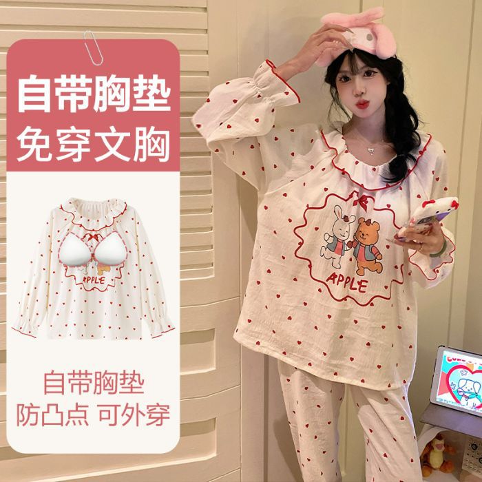 Pijamas al por mayor transfronterizos otoño nuevo estilo francés nubes de algodón cinturón almohadilla de pecho dulce borde de loto ropa de hogar para estudiantes