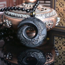 天然黑/冰曜石时来运转本命年 平安扣轮回扭转乾坤 中国风项链