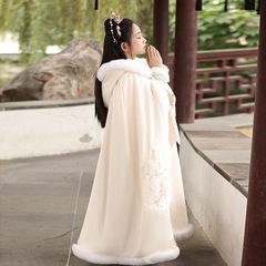 Child's Hanfu Winter Outerwear with Fleece and Thick Mantle, Princess-style Hooded Cloak for New Year Greetings