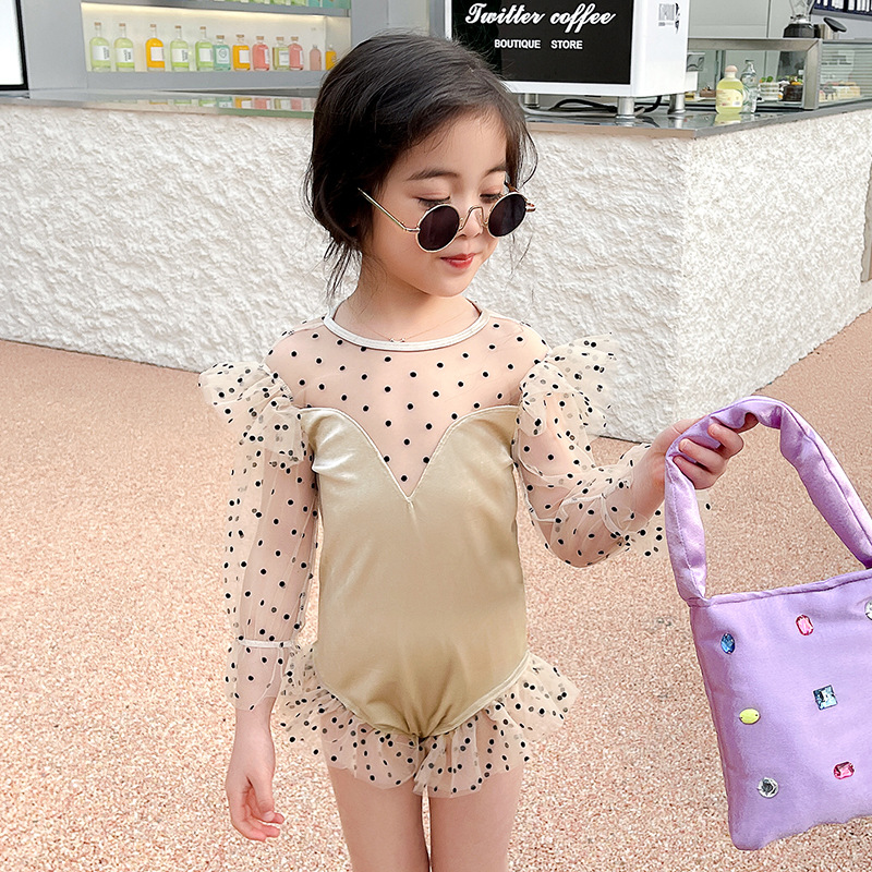 Traje de baño para niños y niñas 2023 nuevos niños con volantes de una sola pieza de manga larga lindo vestido de princesa traje de baño de aguas termales