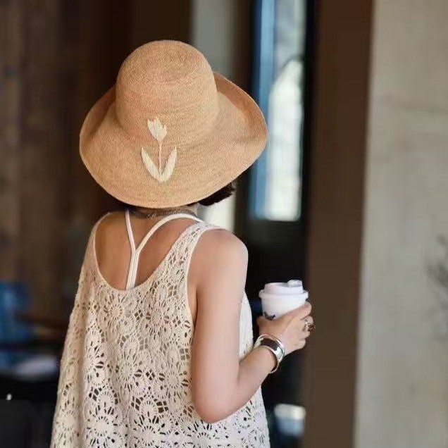 French Style Raffia Hand-Woven Tulip Straw Hat For Women, Summer Beach Vacation Sun Hat With Wide Brim - Thumbnail 2