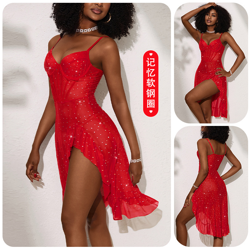 European and American Hot Girl Style Memory Foam Underwire Sequined Mesh Nightgown See-Through High Slit Sexy Private Room Slip Dress 8173 European and American Hot Girl Style Memory Foam Underwire Sequined Mesh Nightgown See-Through High Slit Sexy Private Room Slip Dress 8173