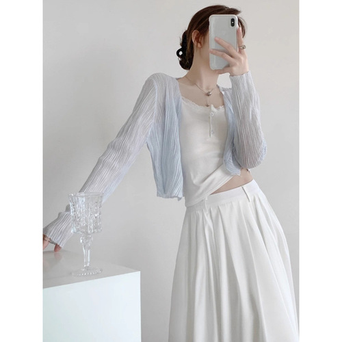 Sunscreen cardigan for women with thin suspender skirt summer short top bamboo joints ice silk with long sleeve collar blouse