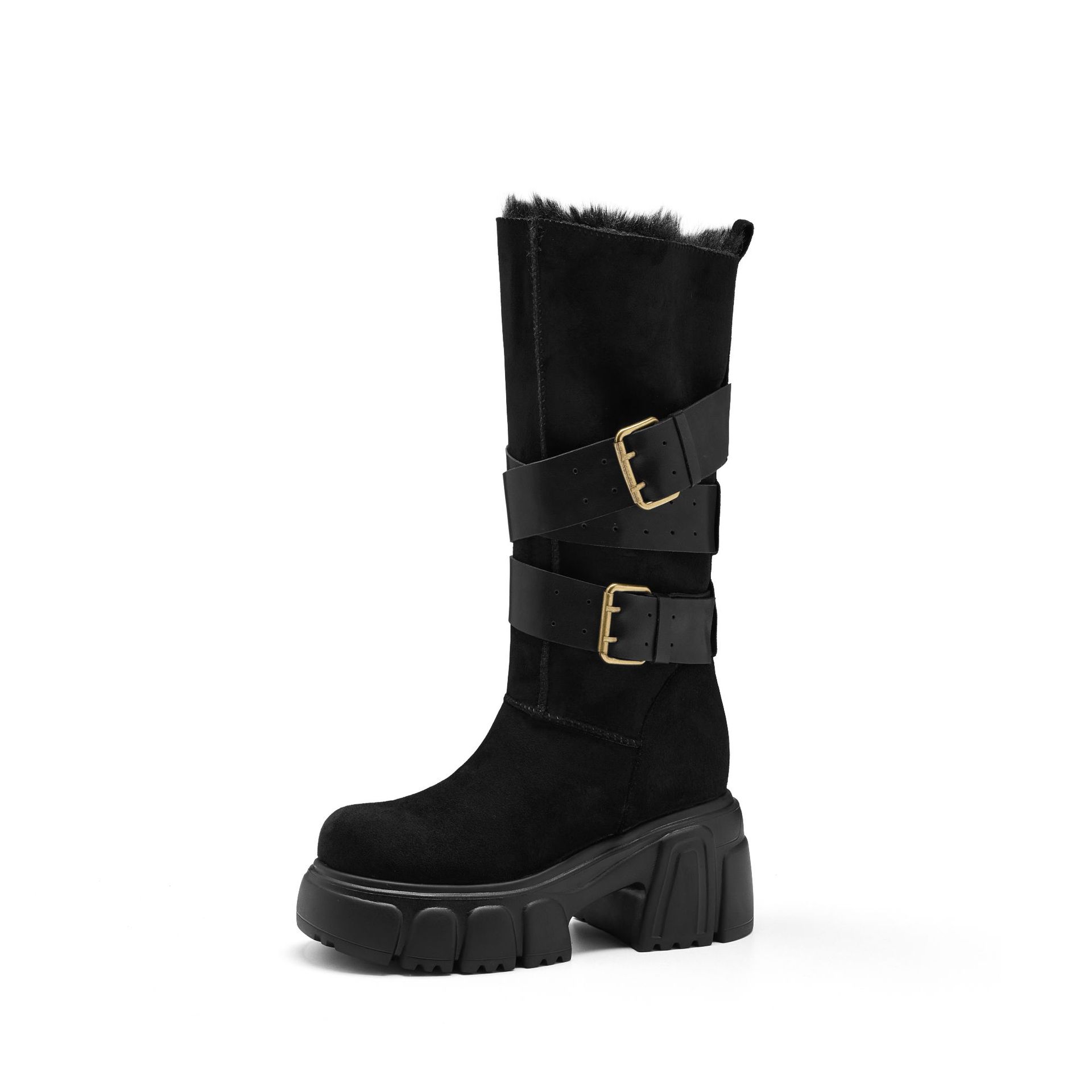 Boot nữ mùa đông kiểu Anh gót vuông 10cm khóa thắt lưng phong cách xe máy — nhung đen