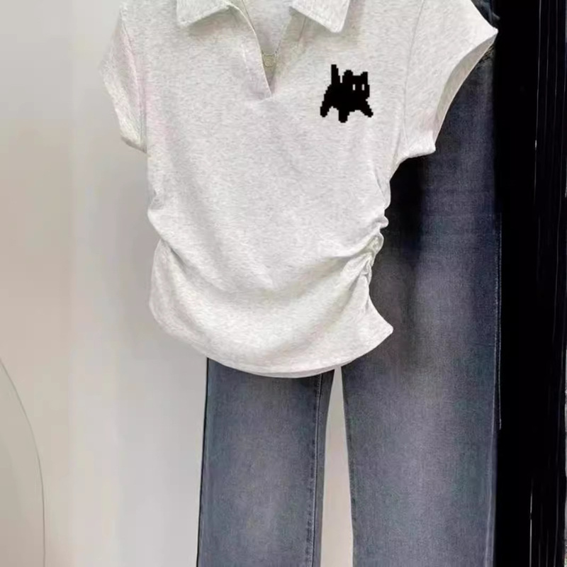 Shopkeeper's Self-retention ~ Grey Polo Shirt Shoulder T-shirt Short Sleeve Women's Design Sense Small Folded Short Top