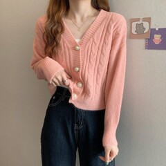 春秋新款V领绞八毛衣外套女设计感小众宽松时尚百搭针织开衫上衣