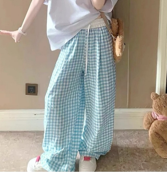 2025年秋新作 チェック柄パンツ レディース ハイウエスト ワイドレッグパンツ ゆったりスタイル 着痩せ効果 カジュアル アイスシルク 山本パンツ|undefined