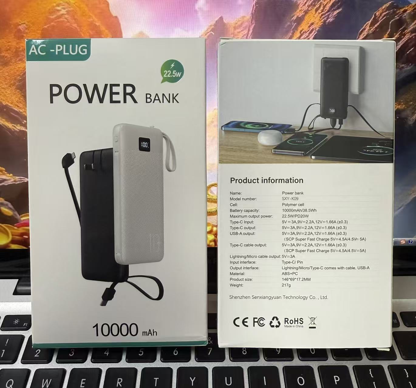 Powerbank mit integriertem Kabel, AC-Stecker, Schnellladung, 10000 mAh, mobile Stromversorgung, Geschenkverpackung, individuelle LOGO-Anpassung