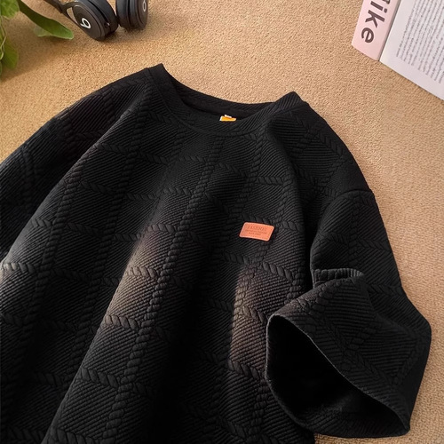 Men's Texture Ribbed Heavyweight Short-Sleeve T-Shirt Summer Plus Size Loose Round Neck Casual 5/8 Sleeve Short-Sleeve T-Shirt