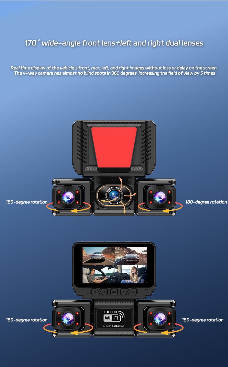 4-Lens Cross-Border Parking Monitoring Wifi Dash Cam with High-Definition Night Vision and 360-Degree Panoramic Reversing Image 3inch