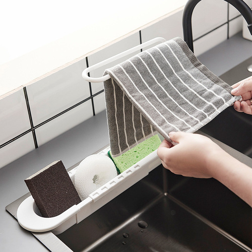 Multifunctional kitchen sponge drain storage rack with towel bar, rag rack, retractable sink storage rack