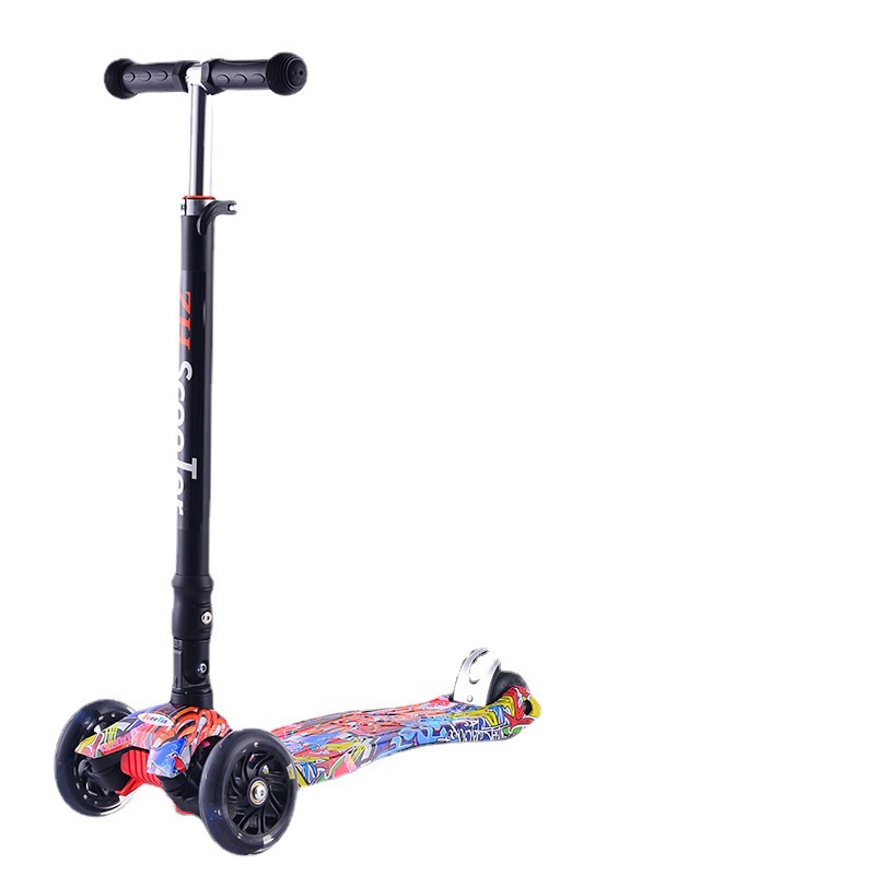 Производитель поставляет складной детский самокат с четырьмя колесами из нейлона и полипропилена, с граффити, светящимися колесами, цельный.