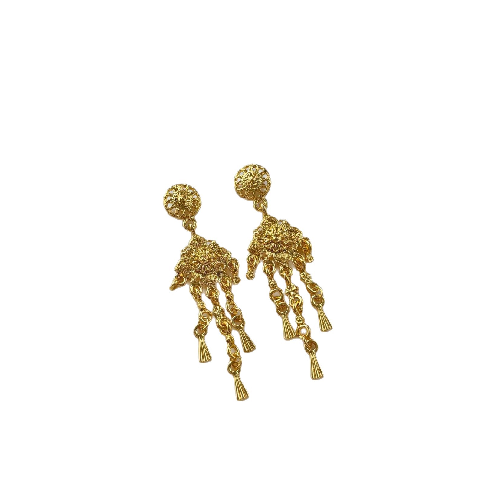 Boucles d'oreilles pendantes fleurs dorées style chinois luxe_voghion.com