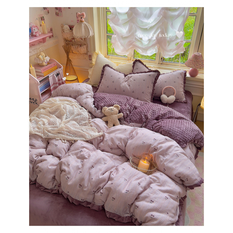 Pure Cotton Double-Layer Yarn Plus Bean Milk Velvet Four-Piece Set Winter Thickeneded Pure Cotton Baby Velvet Quilt Cover Bed Sheetss Pastoral Style Pure Cotton Double-Layer Yarn Plus Bean Milk Velvet Four-Piece Set Winter Thickeneded Pure Cotton Baby Velvet Quilt Cover Bed Sheetss Pastoral Style
