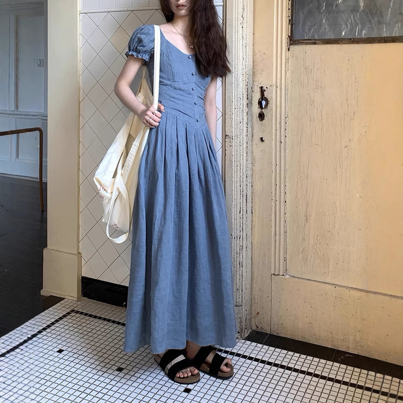 Linen Dress 2025 Summer French Retro Short-Sleeved Mid-Length