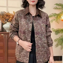 妈妈碎花翻领外套薄款秋季新款中老年女装长袖宽松衬衫上衣