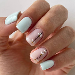 Elegant Blue Fresh Summer Nail Art European Square Medium-Long False Nails Cute Flower Decorative Nail Tips Wholesale