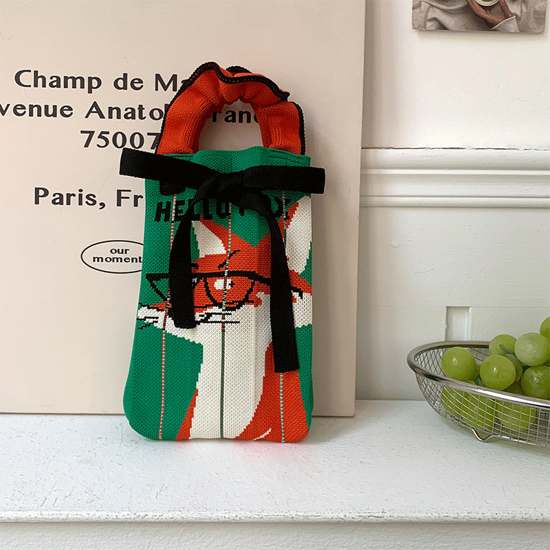 Bolsa de punto, oreja de madera, diseño de nicho, bolso con cordón de dibujos animados, bolso de mensajero portátil de todo fósforo, bolso de teléfono móvil