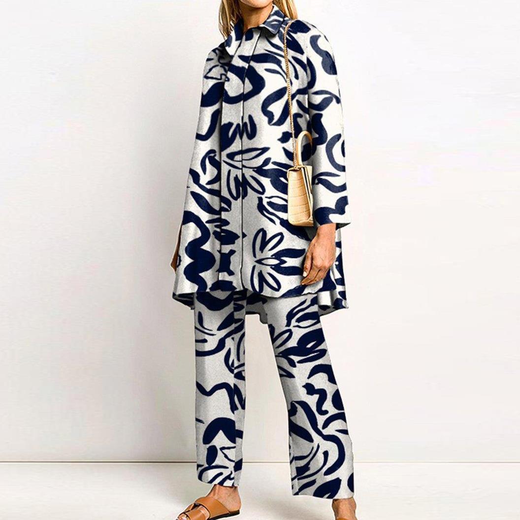 Abbigliamento da donna primavera ed estate temperamento strada stampa camicia a maniche lunghe moda casual abito due pezzi set_voghion.com