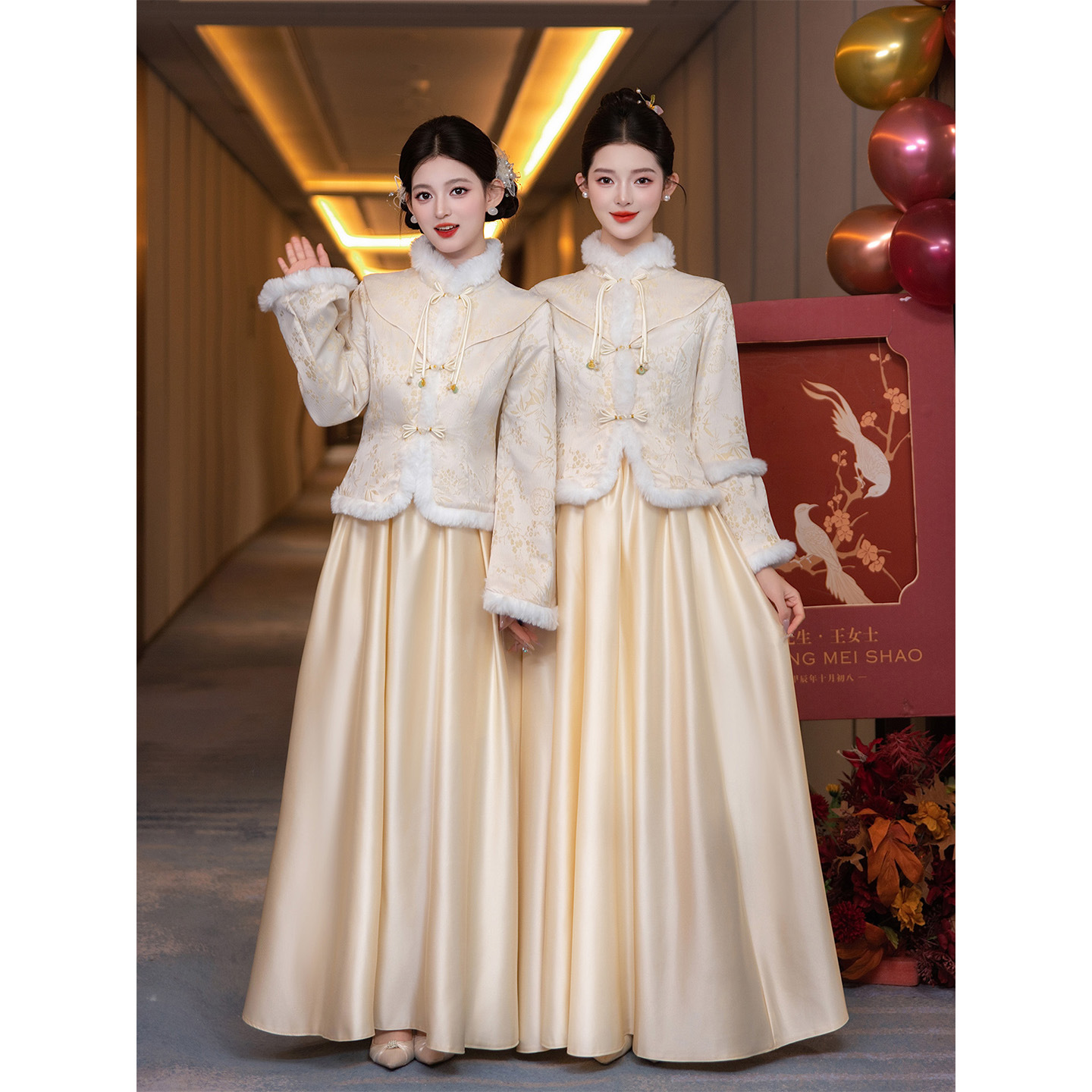 New Chinese-Style Bridesmaid Dress in Champagne Color, 2026 New National Style Cheongsam Two-Piece Set, Wedding Sister Group Dress, Thickened for Winter